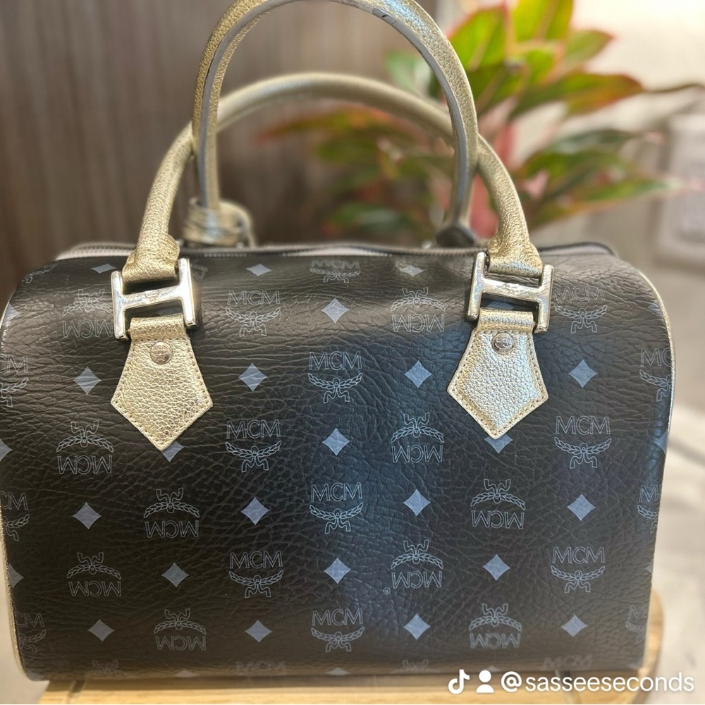 MCM Black Monogram Satchel with Metallic Gold Handles